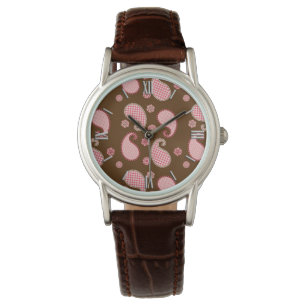Paisley pattern, coral pink and chocolate brown watch