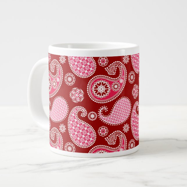 Paisley pattern, Dark Red, Pink and White Large Coffee Mug (Front Left)