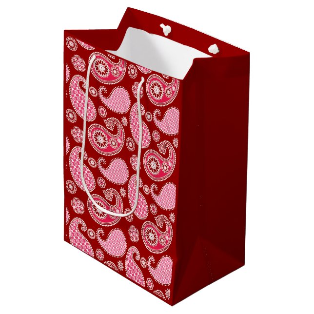 Paisley pattern, Dark Red, Pink and White Medium Gift Bag (Front Angled)