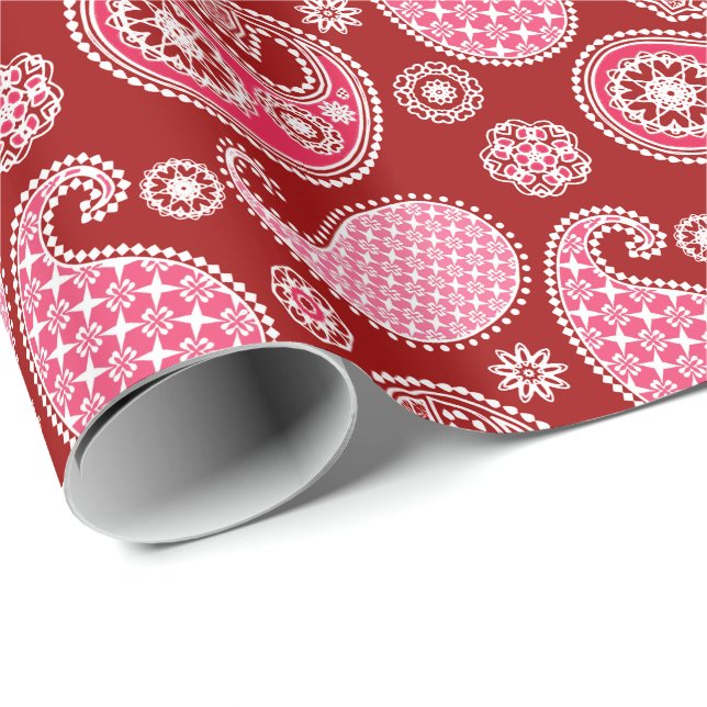 Paisley pattern, Dark Red, Pink and White Wrapping Paper (Roll Corner)