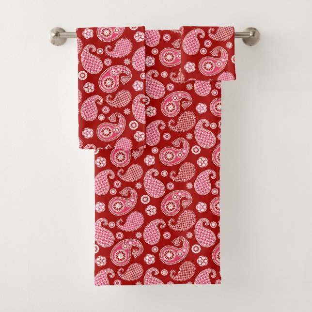 Paisley Pattern, Dark Red, White and Coral Pink Bath Towel Set (Insitu)