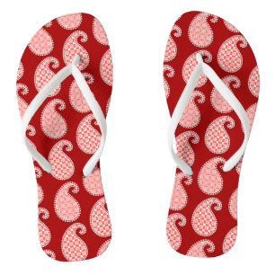 Paisley pattern, deep red and white flip flops