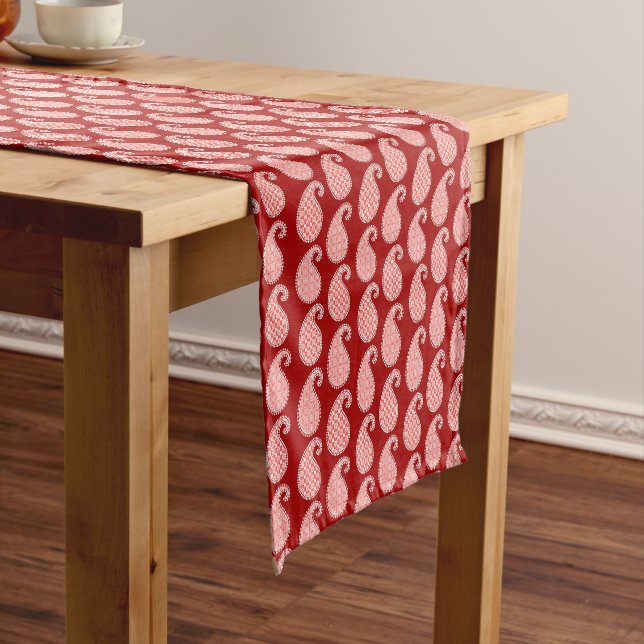 Paisley pattern, deep red and white short table runner (In Situ)
