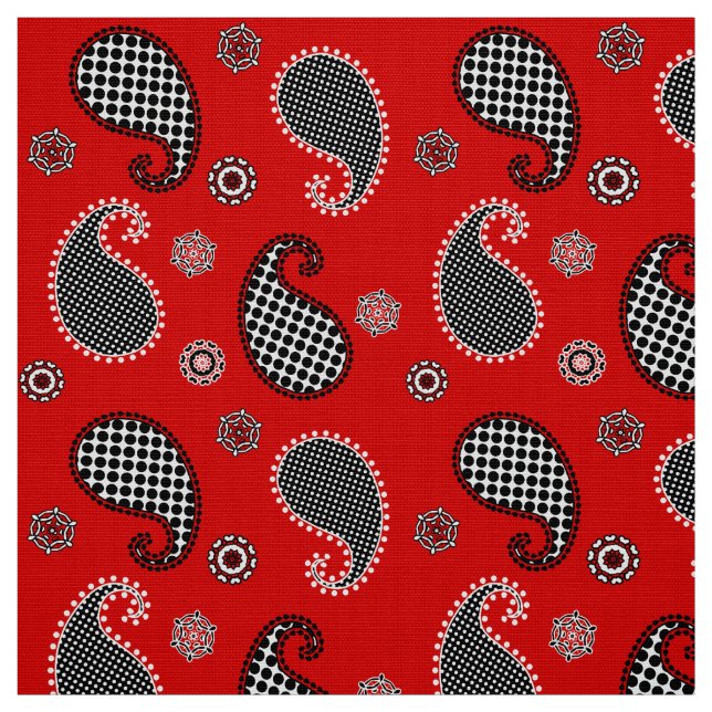 Paisley pattern, deep red, black and white fabric (Swatch)