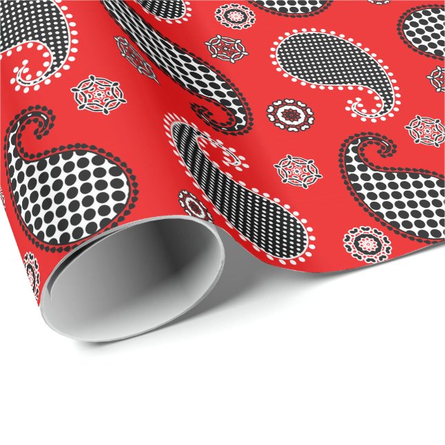 Paisley pattern, deep red, black and white wrapping paper (Roll Corner)