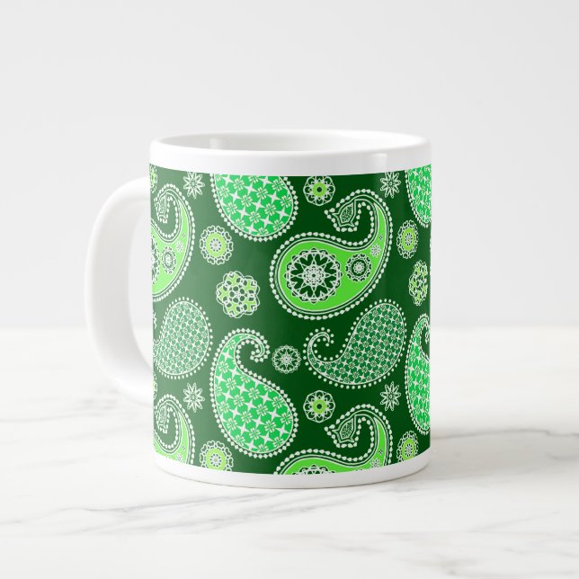 Paisley pattern, Emerald and Jade Green Large Coffee Mug (Front Left)