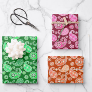 Paisley Pattern, Emerald, Burgundy & Orange  Wrapping Paper Sheet