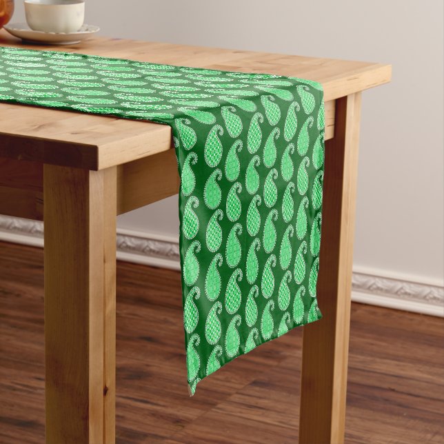 Paisley pattern, emerald green and white short table runner (In Situ)