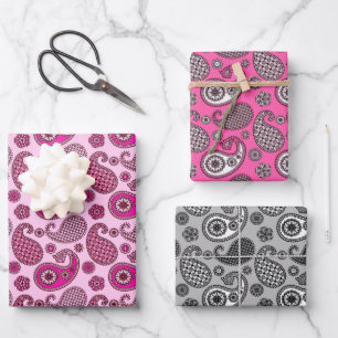 Paisley Pattern, Fuchsia Pink and Grey Wrapping Paper Sheet