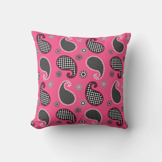 Paisley pattern, fuchsia pink, black and white cushion (Front)