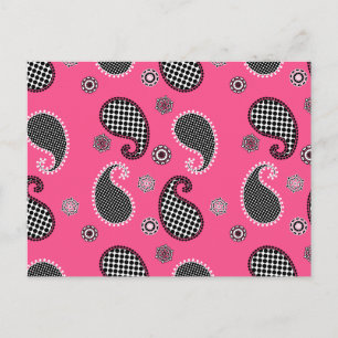 Paisley pattern, fuchsia pink, black and white postcard