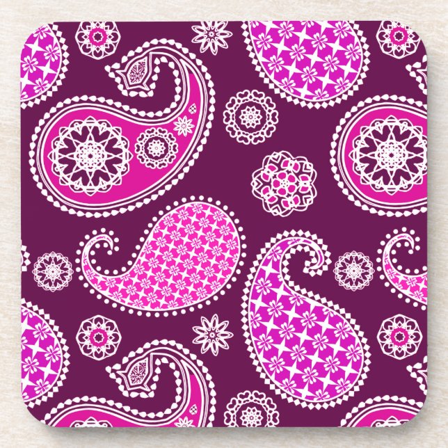 Paisley pattern, fuchsia pink, purple and white coaster (Front)