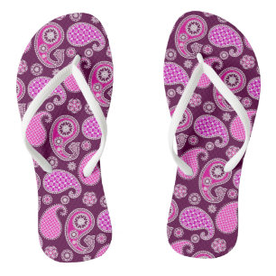 Paisley pattern, fuchsia pink, purple and white flip flops