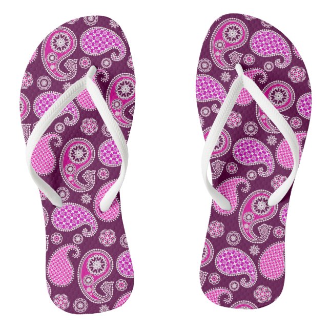 Paisley pattern, fuchsia pink, purple and white flip flops (Footbed)