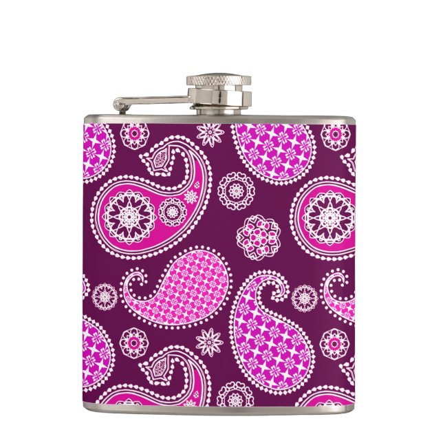 Paisley pattern, fuchsia pink, purple and white hip flask (Front)