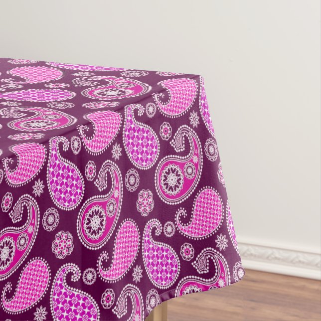 Paisley pattern, fuchsia pink, purple and white tablecloth (In Situ)