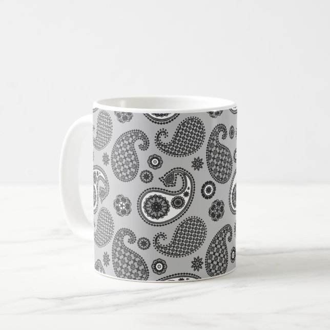 Paisley Pattern, Grey, Black and White Coffee Mug (Front Left)