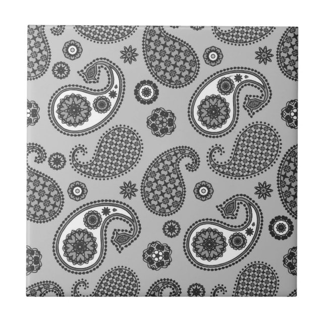 Paisley Pattern, Grey, Black and White   Tile (Front)
