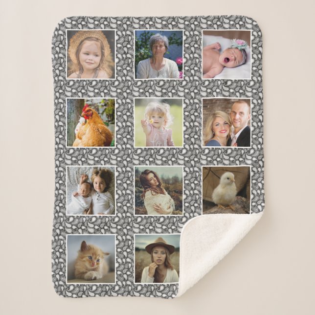 Paisley Pattern Grey Custom Family Photo Collage Sherpa Blanket (Front)