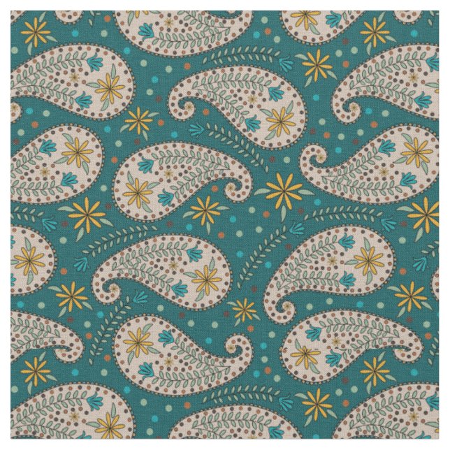 Paisley Pattern in Yellow | Blue | Greige on Teal Fabric (Close Up)