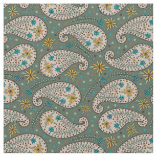 Paisley Pattern in Yellow Peacock Blue Sage Green Fabric