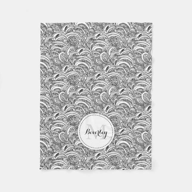 Paisley pattern ink black white name pillow fleece blanket (Front)
