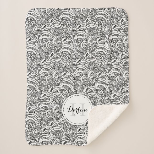 Paisley pattern ink mono name sherpa blanket (Front)