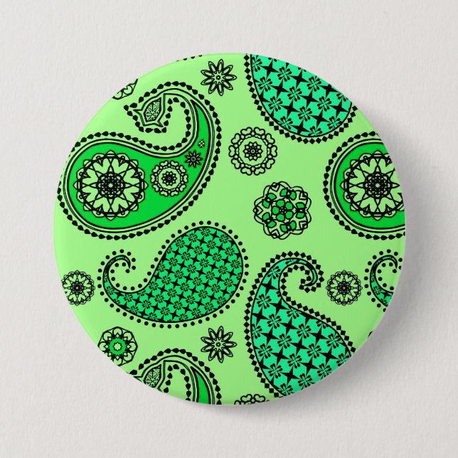 Paisley pattern, jade and mint green 7.5 cm round badge (Front)