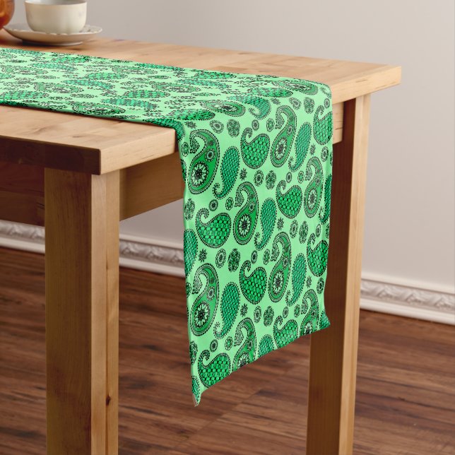 Paisley pattern, jade and mint green short table runner (In Situ)