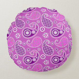 Paisley Pattern, Lilac and Amethyst Purple Round Cushion