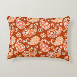 Paisley pattern, Mandarin Orange and White Decorative Cushion