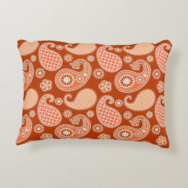 Paisley pattern, Mandarin Orange and White Decorative Cushion (Back)