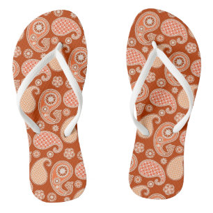 Paisley pattern, Mandarin Orange and White Flip Flops