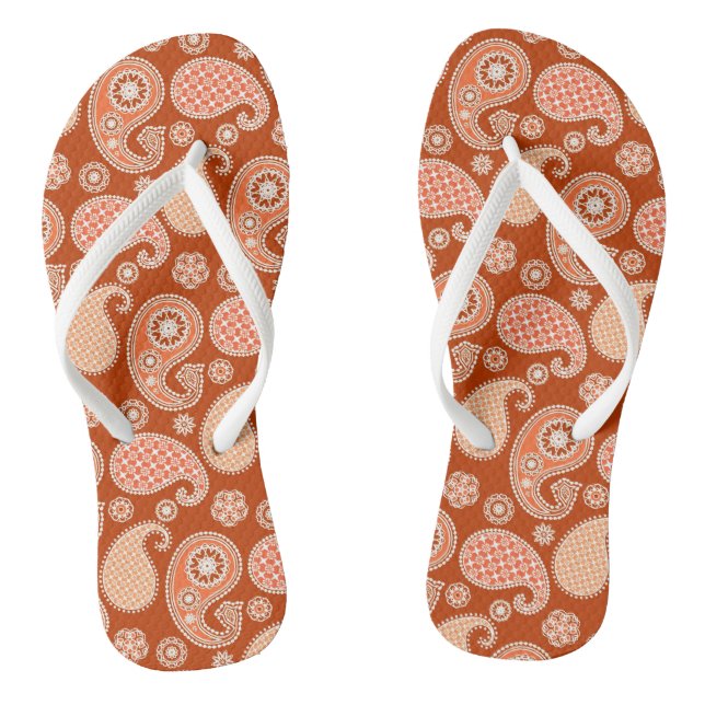 Paisley pattern, Mandarin Orange and White Flip Flops (Footbed)
