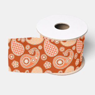 Paisley pattern, Mandarin Orange and White Grosgrain Ribbon