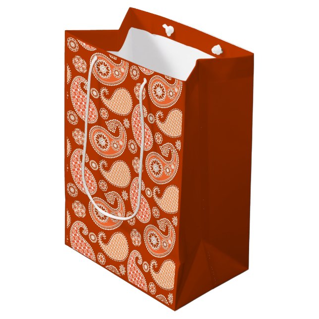 Paisley pattern, Mandarin Orange and White Medium Gift Bag (Front Angled)