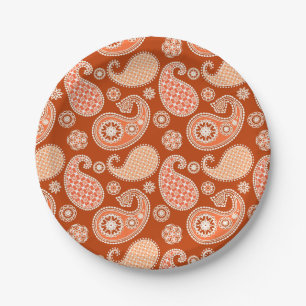 Paisley pattern, Mandarin Orange and White Paper Plate
