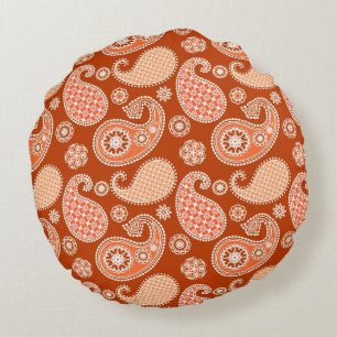 Paisley pattern, Mandarin Orange and White Round Cushion