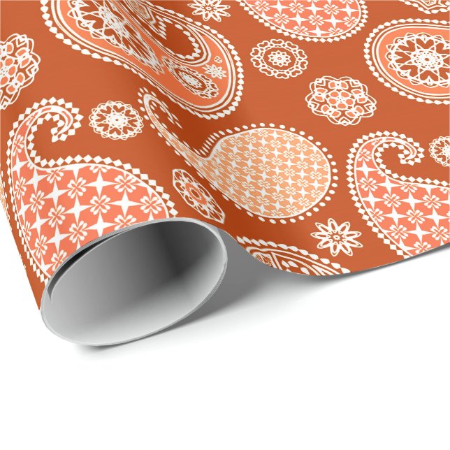 Paisley pattern, Mandarin Orange and White Wrapping Paper (Roll Corner)