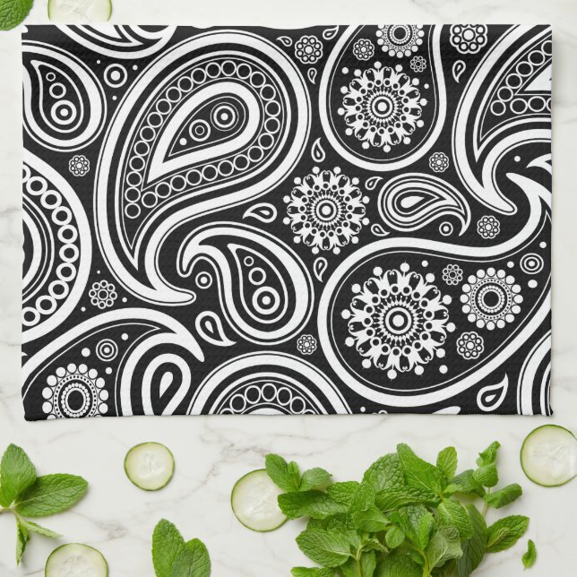 Paisley Pattern, Persian Paisley, Black and White Tea Towel (Folded)