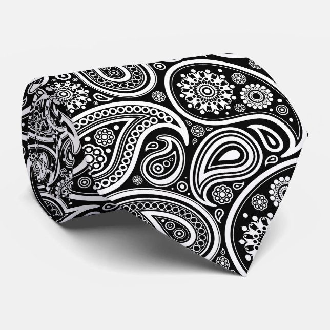 Paisley Pattern, Persian Paisley, Black and White Tie (Rolled)