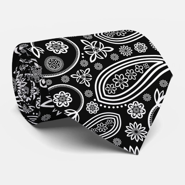 Paisley Pattern, Persian Paisley, Black and White Tie (Rolled)