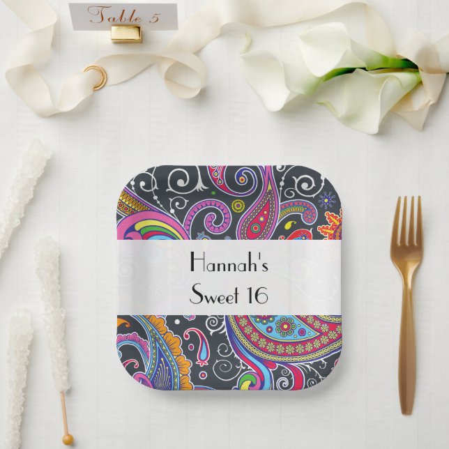 Paisley Pattern, Persian Paisley, Boteh, Sweet 16 Paper Plate (Wedding)