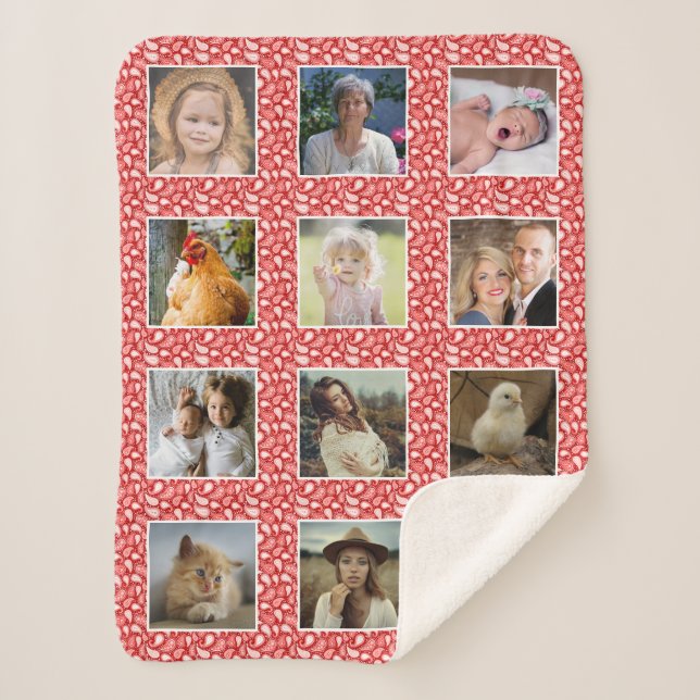 Paisley Pattern Red Custom 12 Family Photo Collage Sherpa Blanket (Front)