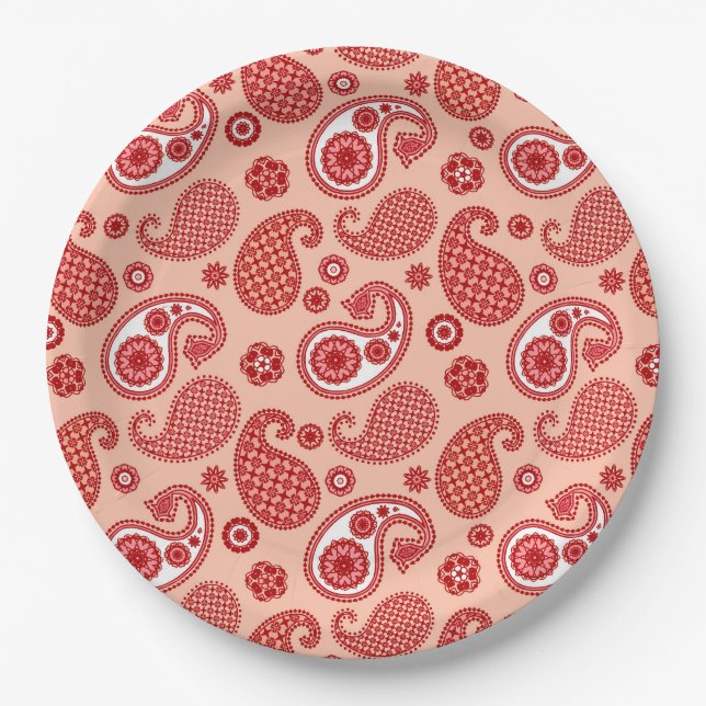 Paisley Pattern, Shades of Coral Orange  Paper Plate (Front)