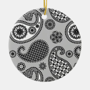 Paisley pattern, shades of grey, black and white ceramic tree decoration