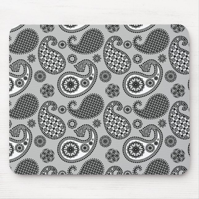 Paisley pattern, shades of grey, black and white mouse mat (Front)