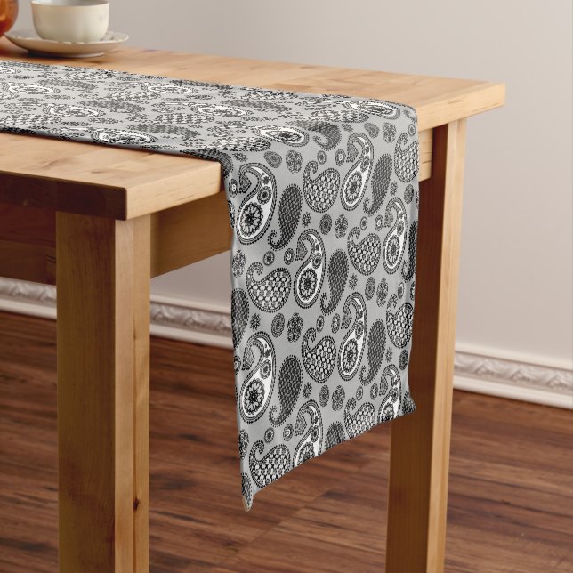 Paisley pattern, shades of grey, black and white short table runner (In Situ)