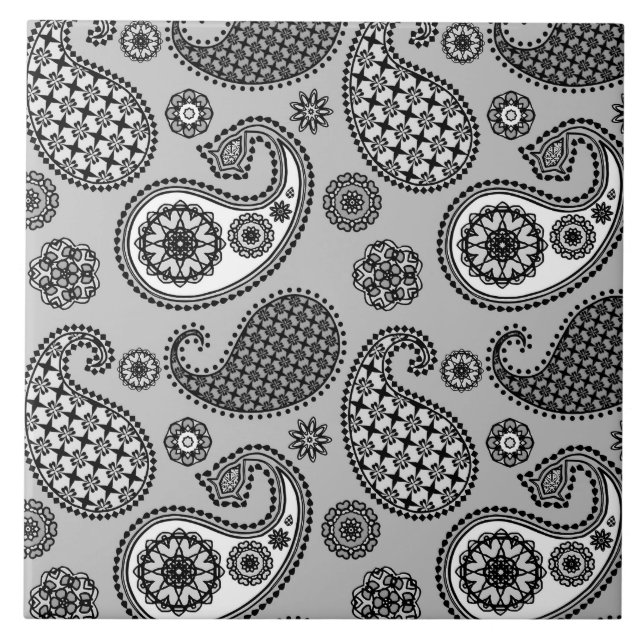 Paisley pattern, shades of grey, black and white tile (Front)