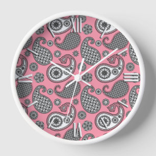 Paisley pattern, shades of grey on pink clock